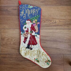 Vintage Tapestry Christmas Stocking Santa Merry Christmas Needlepoint 20.5”